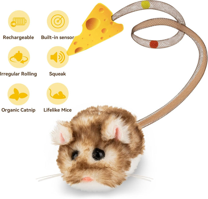 Migipaws Interactive MigiMouse Cat Toy: 360° Rolling, Rechargeable, Squeak, Realistic, Brown Long