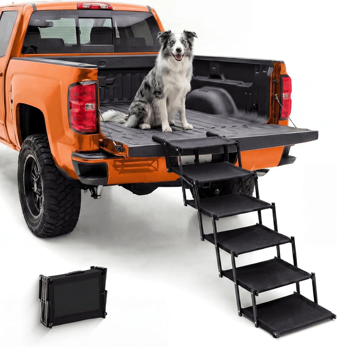 Oiilores extra-wide foldable dog stairs for large breeds, 5 steps, 250 lbs capacity, non-slip surface, 17x5x13 inches compact size