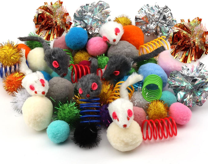 60-piece assorted cat toy set with kitten, mouse, crinkle, and pom pom balls