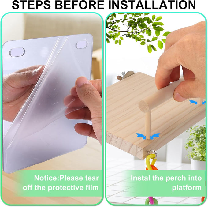 KyoukiBird Perch Platform Bird Toys with Mirror Climbing Ladder Swing for Cockatiels, Lovebirds, Budgies and More - Wooden Parakeet Cage Accessories
