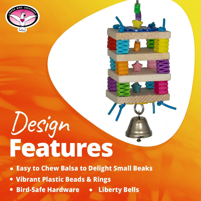 Super Bird Creations SB680 Balsa Stack Bird Toy for Small Parrots, 6.5" x 2" size, Balsa and Plastic Beads