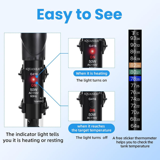 AQUANEAT 50W aquarium heater, 5-15 gallon tank, adjustable submersible 110V/60Hz water thermostat with thermometer