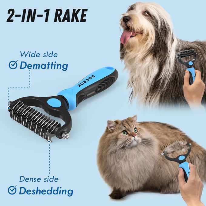 Docrok pet grooming combo with metal comb for detangling and dematting long fur on dogs and cats, blue