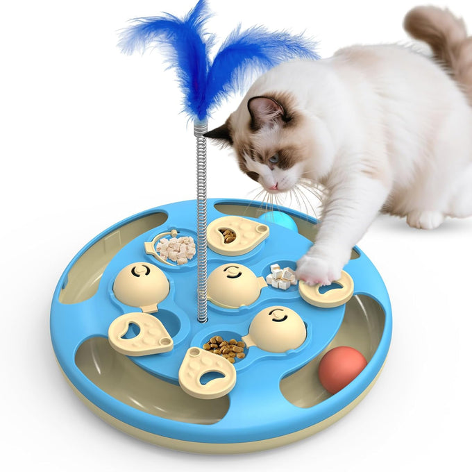 Cat Puzzle Toy Games Level 3 in 1 with Track Balls Feeder Teaser Non-Slip Base Pink