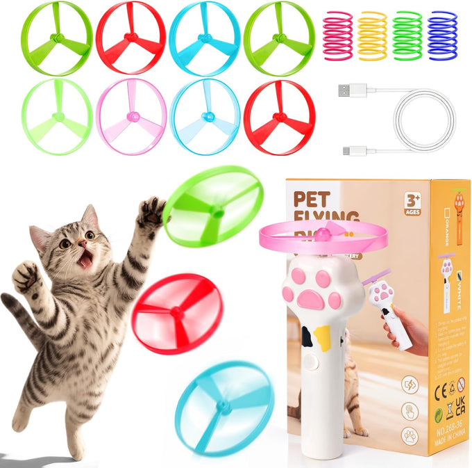Baborui Yellow Cat Toy Disc Launcher Rechargeable Interactive Fetch Toy for Indoor Cats with 8 Flying Discs