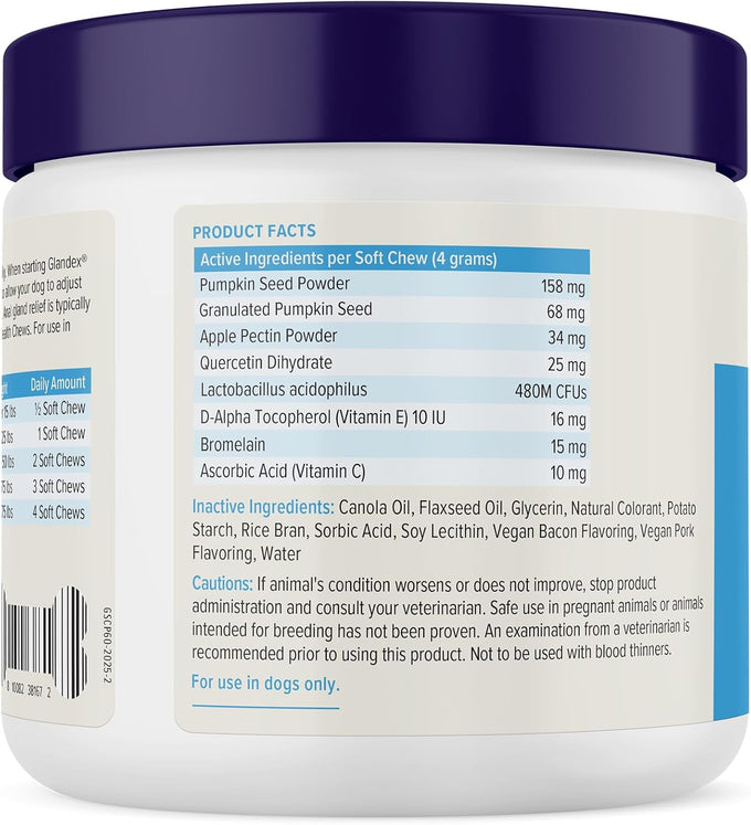 Vetnique Glandex Anal Gland Soft Chews with Pumpkin, Digestive Enzymes, Probiotics, Fiber Supplement for Dogs (Bacon Flavor, 60 Count)