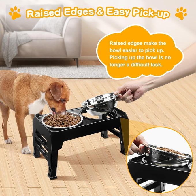 Comeso Elevated Dog Bowls for Small Medium Dogs with 3-Height Adjustable Stand and 2 Stainless Steel Bowls, Black