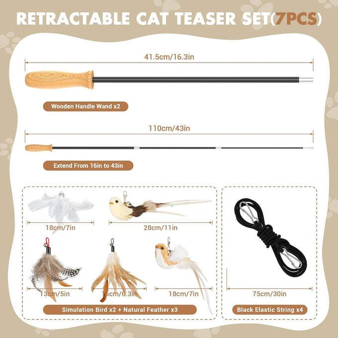 rosaui cat teaser wand toys, 42.15'' long, sustainable wooden handles, 2pcs wires and 5pcs natural refills, for indoor kittens