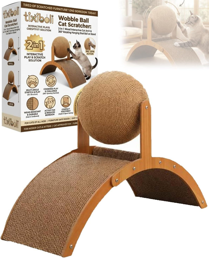 wood cat arch scratching ball on stand with arched bridge and rotating sisal balls for big cats indoor use
