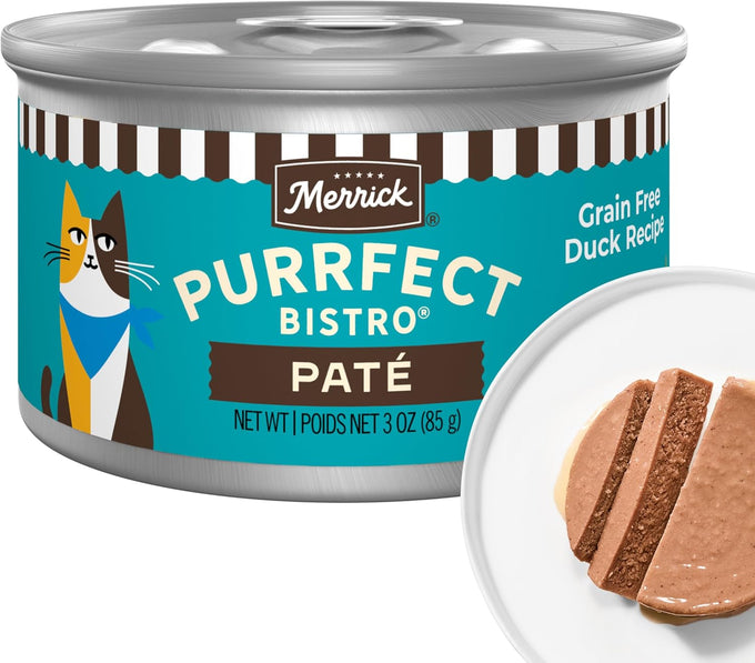 Merrick Purrfect Bistro grain-free, premium, soft canned duck adult wet cat food, 24 pack, 3 oz cans