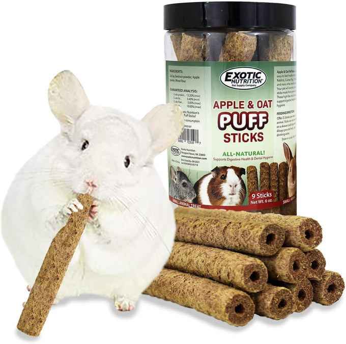 Natural Apple & Oat Puff Sticks for Small Pets - High Fiber, Variety, Dental Health, Oat Hay - 6 oz.