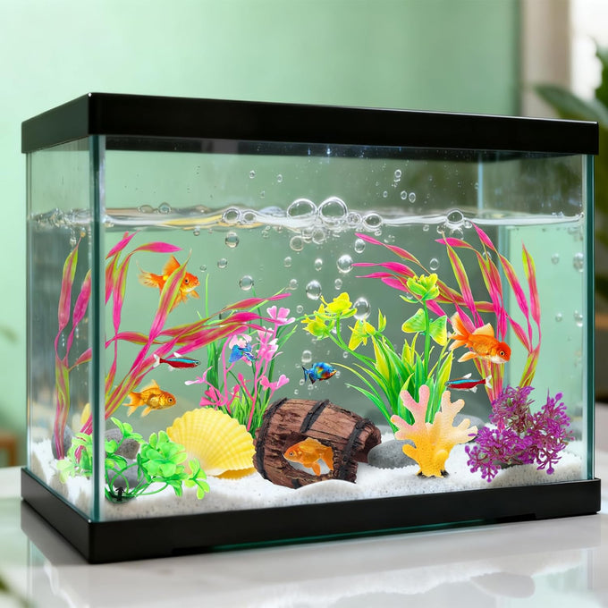 Quozuo small fish tank decorations aquarium accessories 8-piece set with broken barrel and coral hideout ornaments