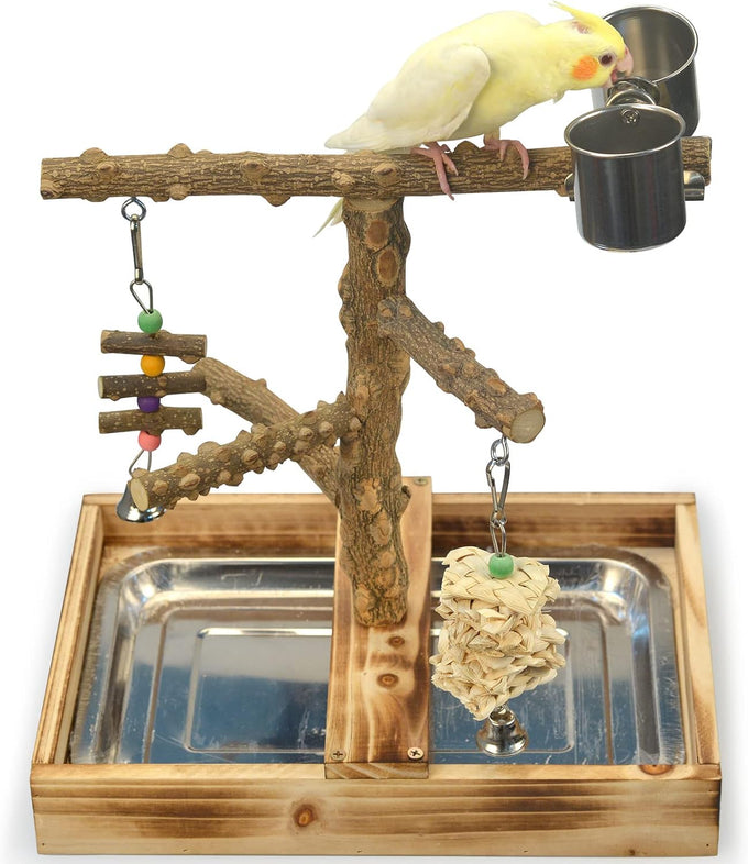 LIMIO natural wood bird toys playground, 2 stainless steel cups, removable tray, small to medium bird accessories