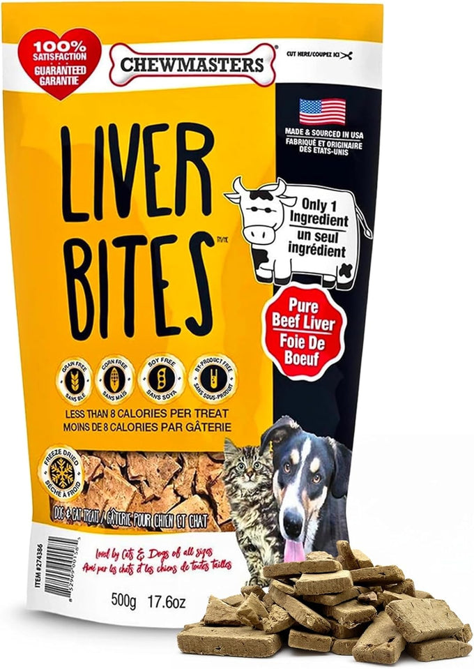 Chewmasters 100% pure beef liver bites freeze-dried dog treats made in usa grain free all natural