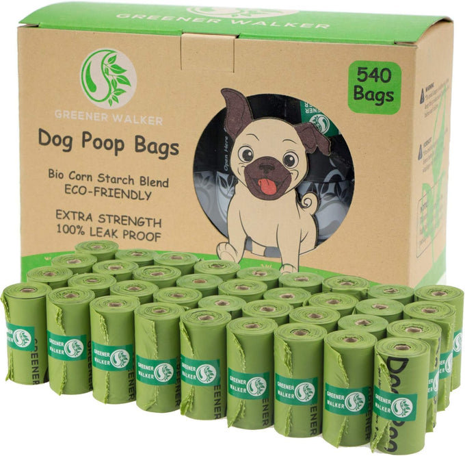 Greener Walker Poop Bags, 540 count, Extra Thick, 100% Leak Proof, Green, 13x9 inches
