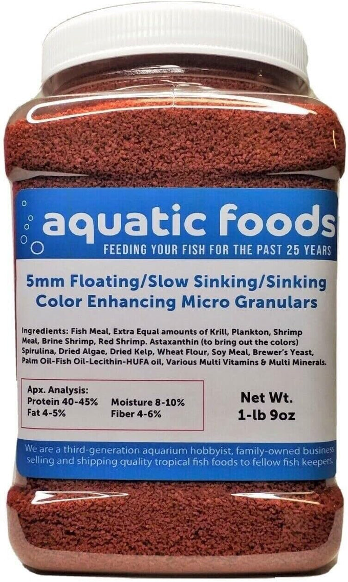.5mm floating/slow sinking/sinking color enhancing micro granules for tropical fish and koi 8oz small jar by aquatic foods & blackworm co.