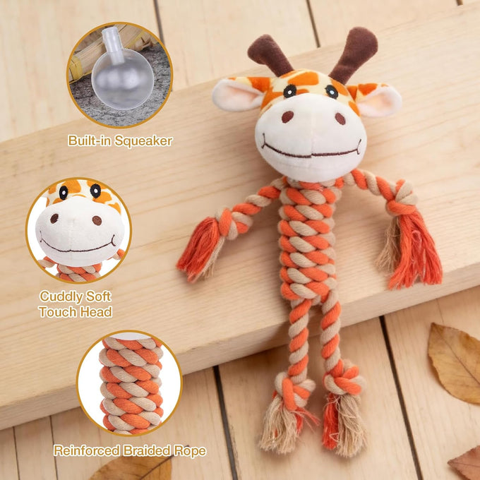 Giraffe plush squeak toy for dogs, premium soft plush, reinforced braided rope, squeaker & crinkle paper, machine washable