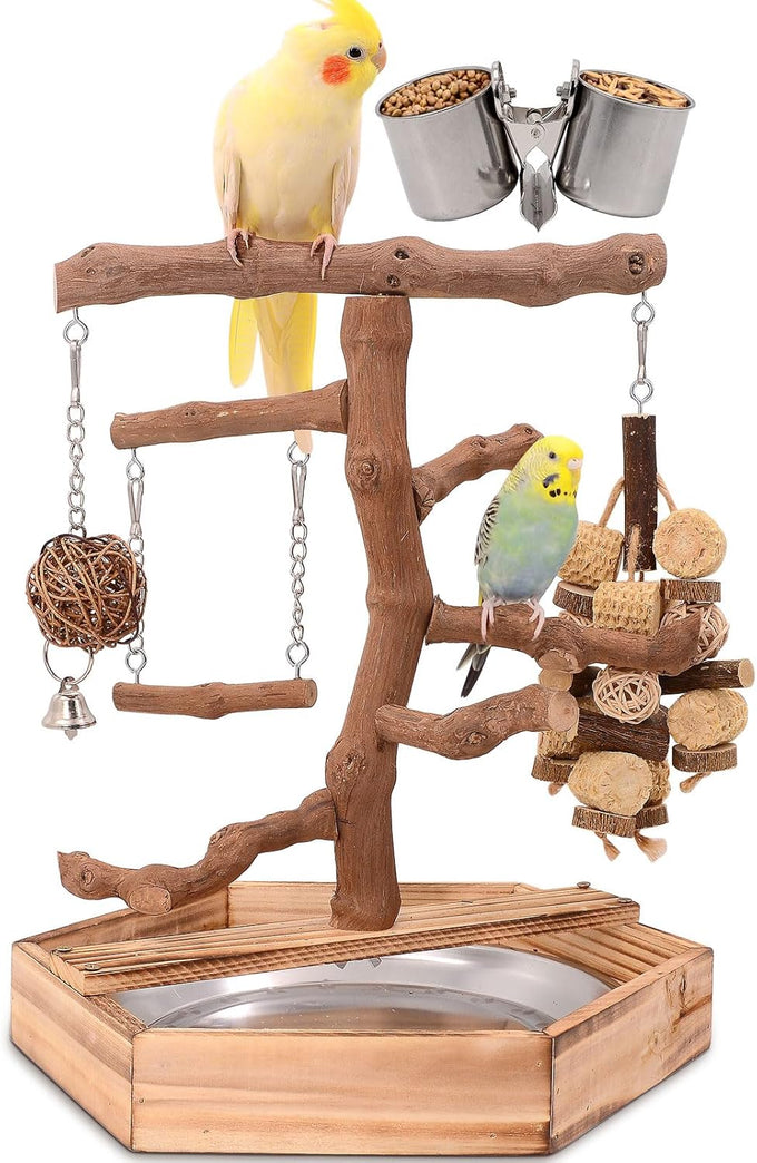 limio natural grape wood bird parakeet perch stand with toys for small birds