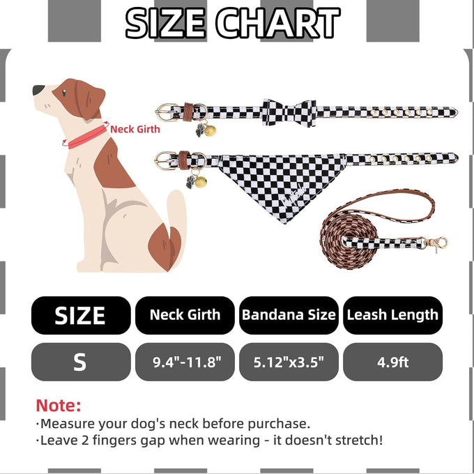 PupTecK 3-Pack Adjustable Soft Leather Dog Collar and Leash Set with Bow Tie and Bells, Black & White Checkered, Small Dogs and Cats Accessories