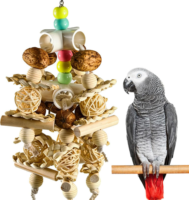 Natural Wooden Parrot Toy for Small to Medium Parrots with Safe Chewing Materials and Multi-Sensory Stimulation