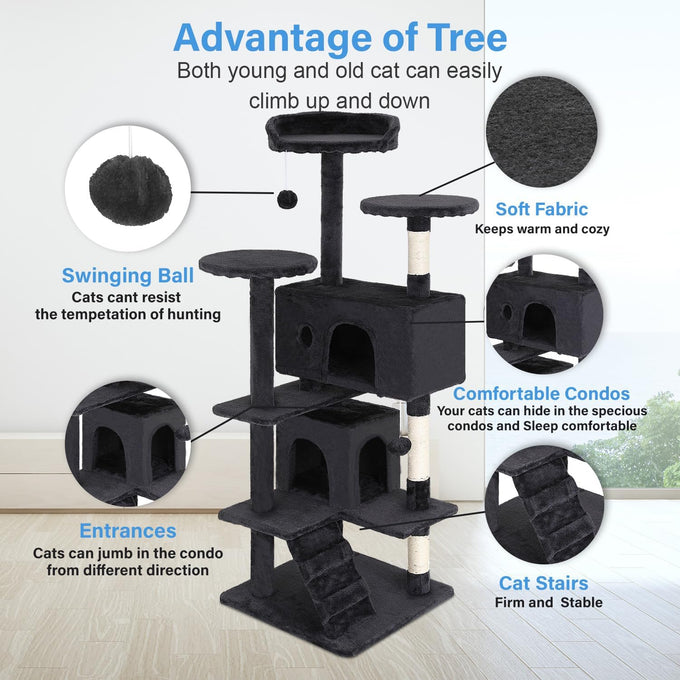 FDW 54 Inch Dark Gray Cat Tree Tower with Sisal Scratching Posts and Condos for Kittens and Adult Cats