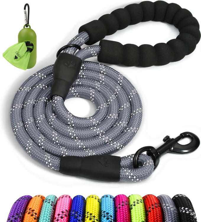 Taglory 6 ft rope dog leash with padded handle and reflective threads for medium large dogs, 1/2 inch, black