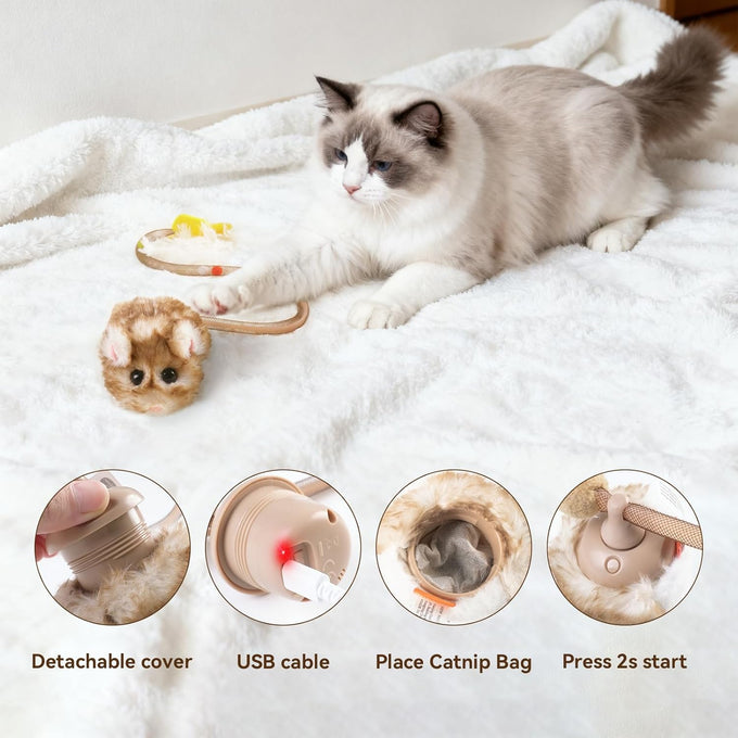 Migipaws Interactive MigiMouse Cat Toy: 360° Rolling, Rechargeable, Squeak, Realistic, Brown Long