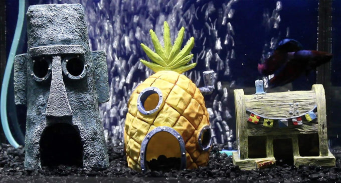 Penn-Plax officially licensed Spongebob Squarepants 3-piece fish tank decoration set, safe for freshwater and saltwater aquariums.