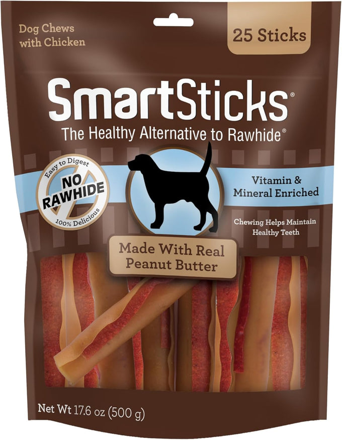 SmartBones SmartSticks 25 count peanut butter free rawhide chews for dogs