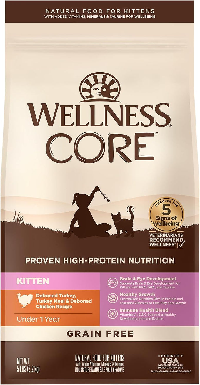 Wellness CORE+ Adult Dry Cat Food for Indoor Cats, Natural, Grain Free Kibble, Chicken, Turkey and Chicken Meal Recipe, 5 lb Bag