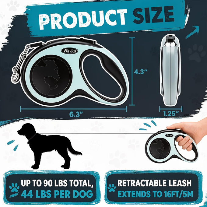 Retractable dog leash for 2 dogs with 360° swivel hook, one-button lock and ergonomic handle