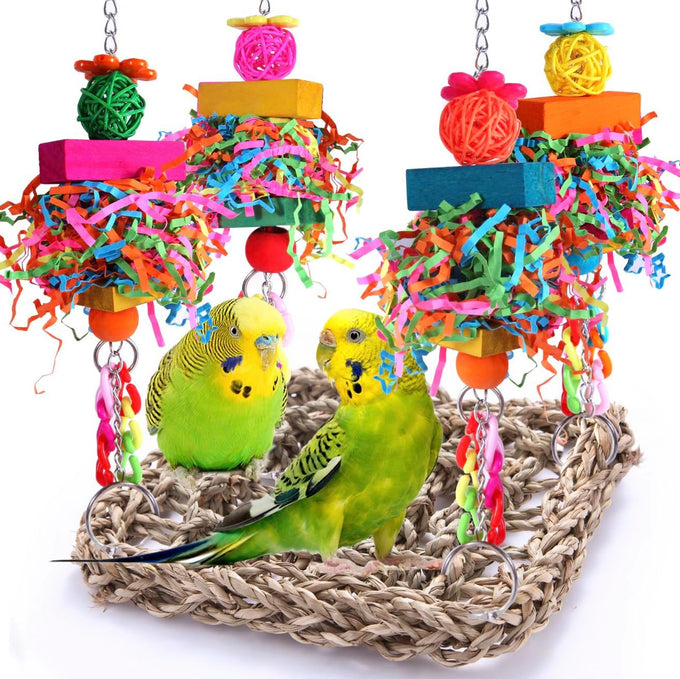 Parakeet bird toys, birdcage stands, and wall seagrass hammocks for lovebirds, cockatiel, budgie, and other small to medium-sized birds
