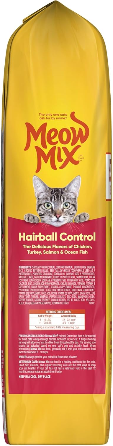 Meow Mix Adult Cat Hairball Control Dry Food, 6.3 lb Bag, Chicken, Turkey, Salmon, Ocean Fish
