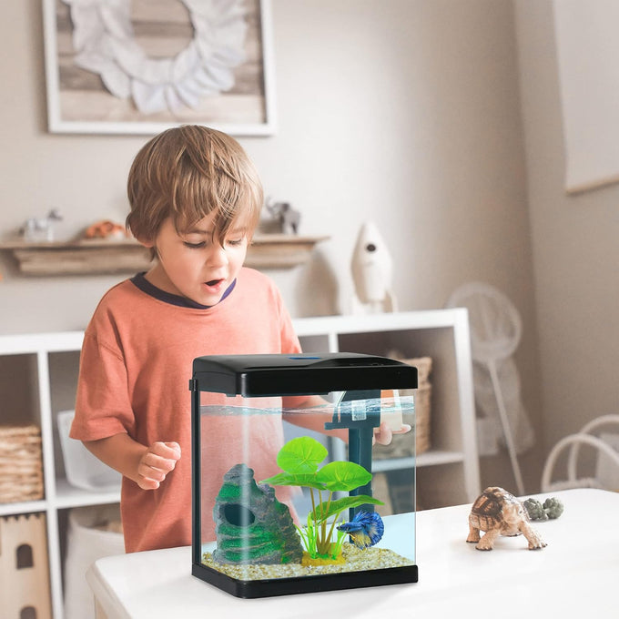 Betta fish tank self cleaning glass 2 gallon small nano aquarium starter kit with led light and whisper filters