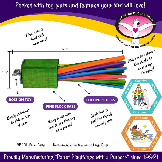 super bird creations sb301 chewable paper party bird toy for medium to large birds with colorful lollipop sticks