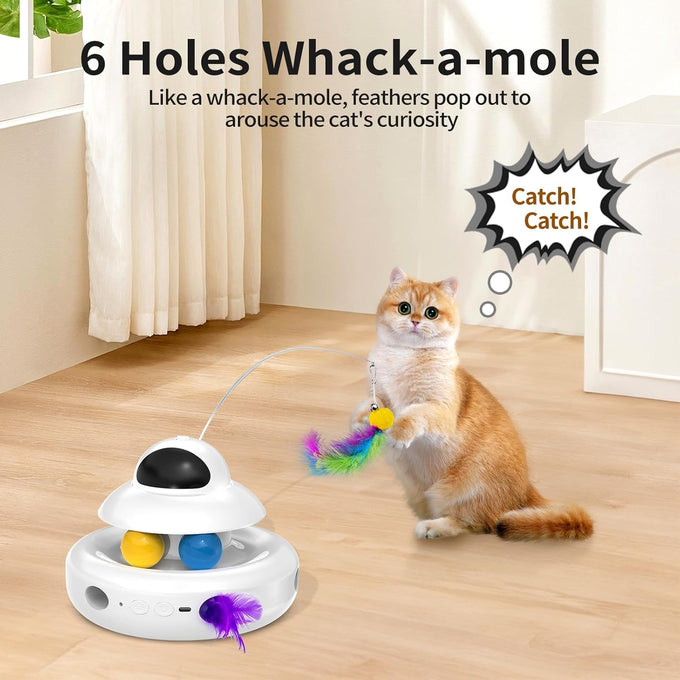 Mohaya 4-in-1 Interactive Cat Toy with Laser, Feather, and Track Balls - USB Rechargeable White