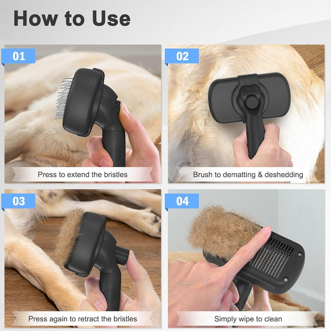 Dipoo self-cleaning shedding brush for dogs, cats, and puppies, skin-friendly grooming tool for long and short haired pets, black
