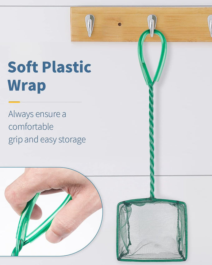 Pawfly 4-inch small aquarium fish net with braided metal handle and soft fine mesh for small fish tanks and ponds