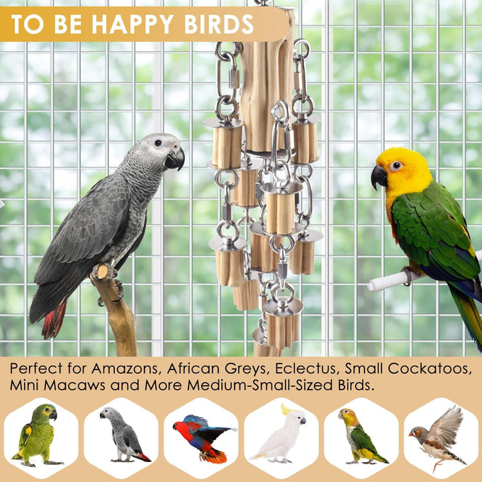 KATUMO 304 Stainless Steel and Natural Hardwood Large Bird Parrot Toy with Detachable Parts for Macaws, Cockatoos, African Greys