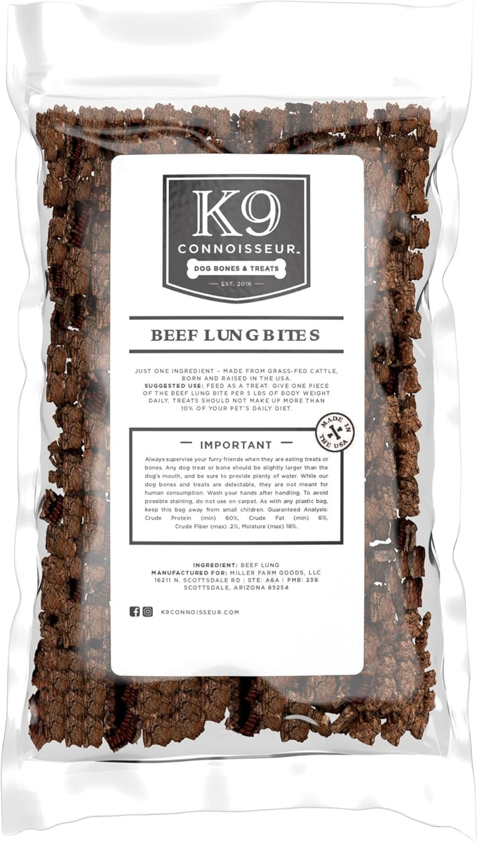 K9 Connoisseur beef lung treats, all natural, lean, grain free, bulk, USA made, single ingredient, for all breeds and sizes, 2.5 lbs