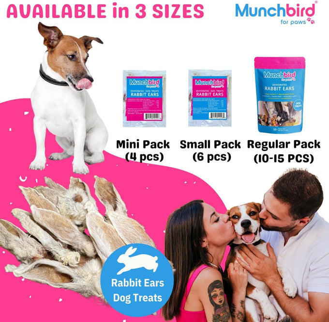 Munchbird Dehydrated Rabbit Ears 100g for Dogs, Natural Fiber, Rawhide Free, European Rabbit Association, France