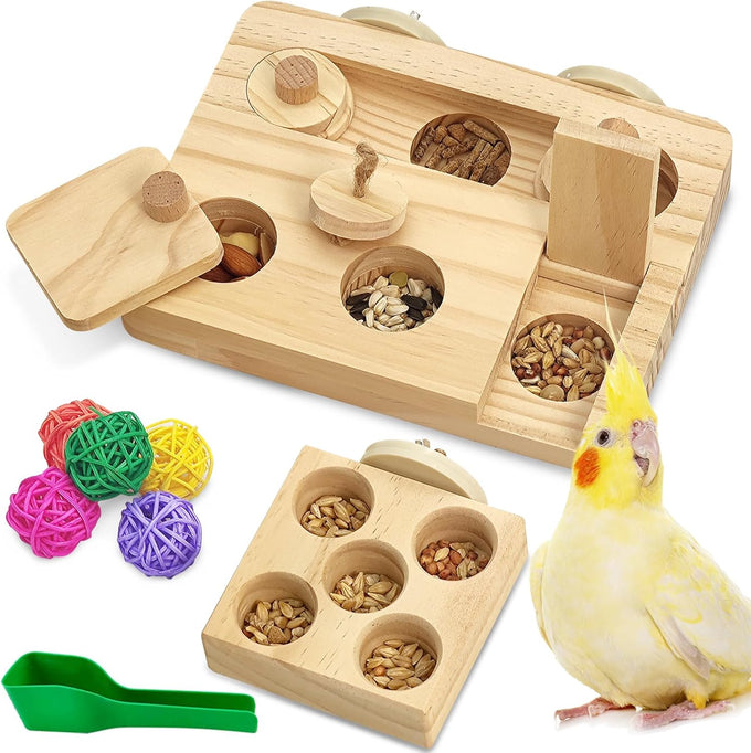 BNOSDM wooden bird foraging toy with natural wood stand platform for parrots, parakeets, cockatiels, sun conures