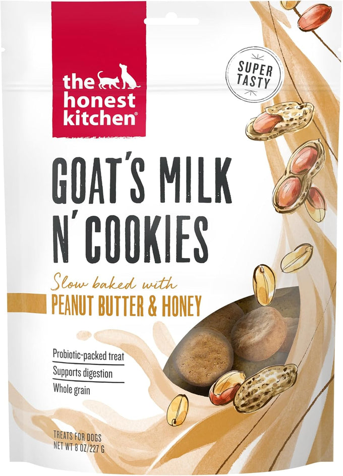 The Honest Kitchen Human Grade Dog Treats, Goat's Milk N' Cookies with Probiotics, Slow Baked with Blueberries & Vanilla, 8 oz Bag for All Ages & Sizes.