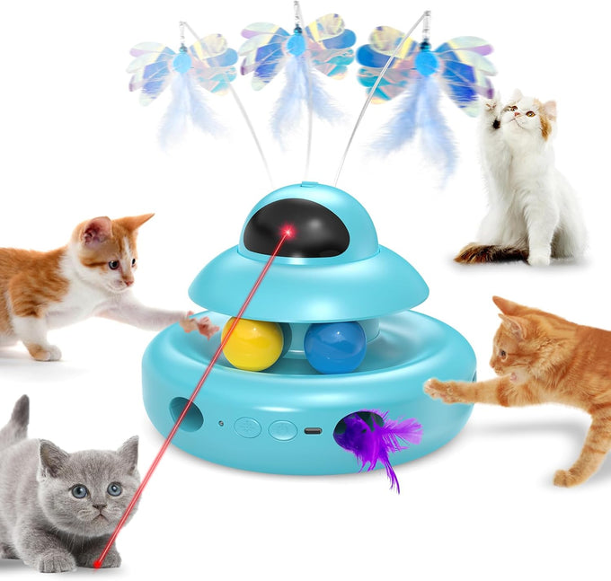 Mohaya 4-in-1 Interactive Cat Toy with Laser, Feather, and Track Balls - USB Rechargeable White