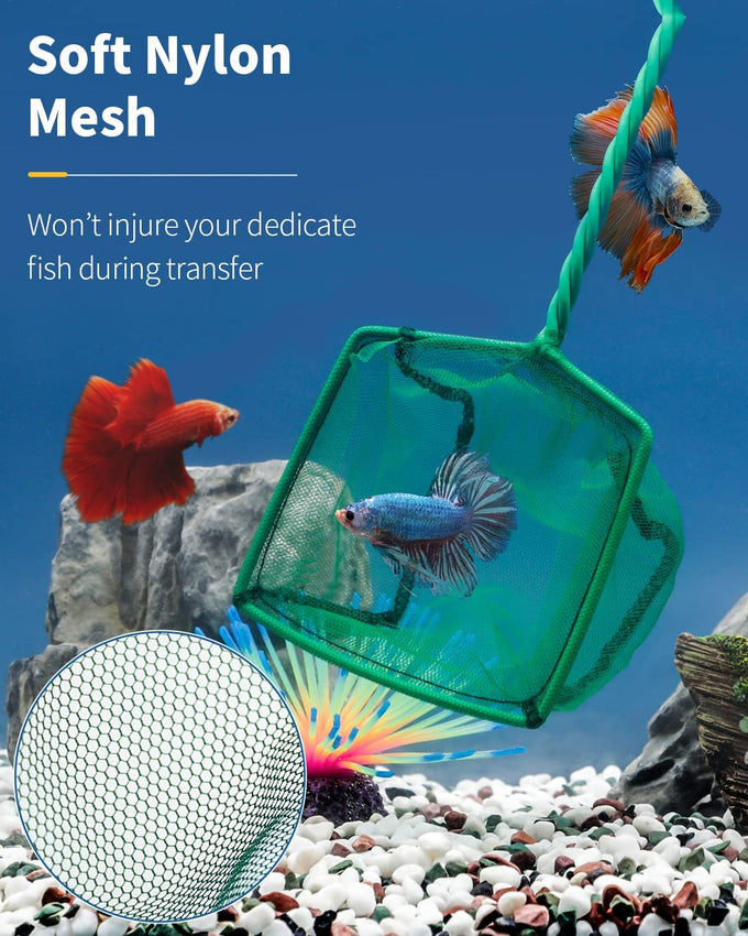 Pawfly 4-inch small aquarium fish net with braided metal handle and soft fine mesh for small fish tanks and ponds