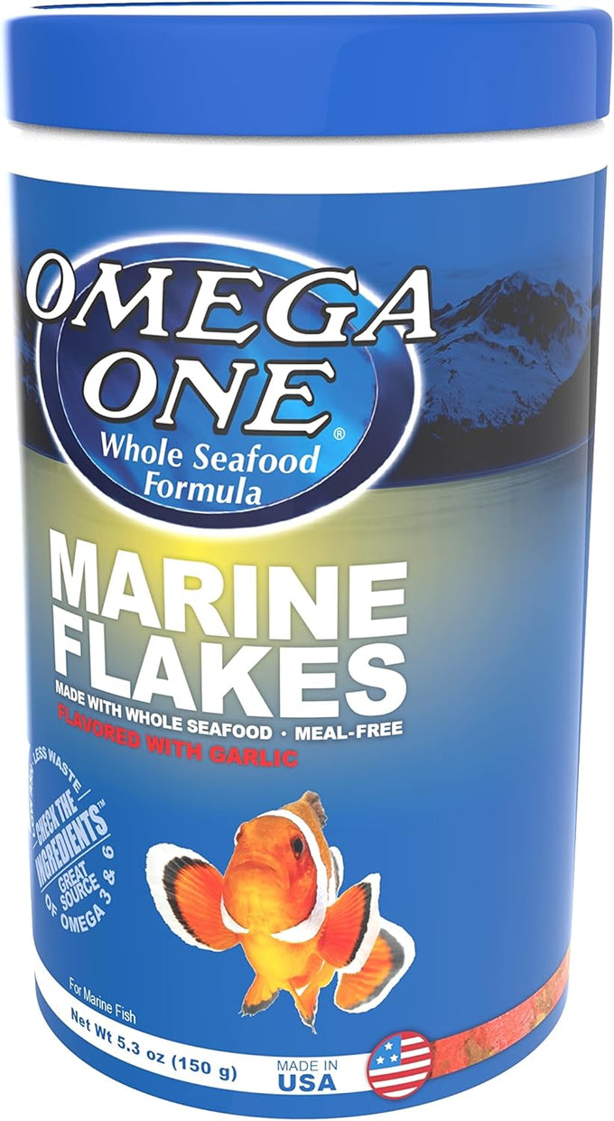 Omega One Garlic Marine Flakes for saltwater fish, 5.3 oz, sinking flakes with omega 3 fatty acids and natural color enhancers