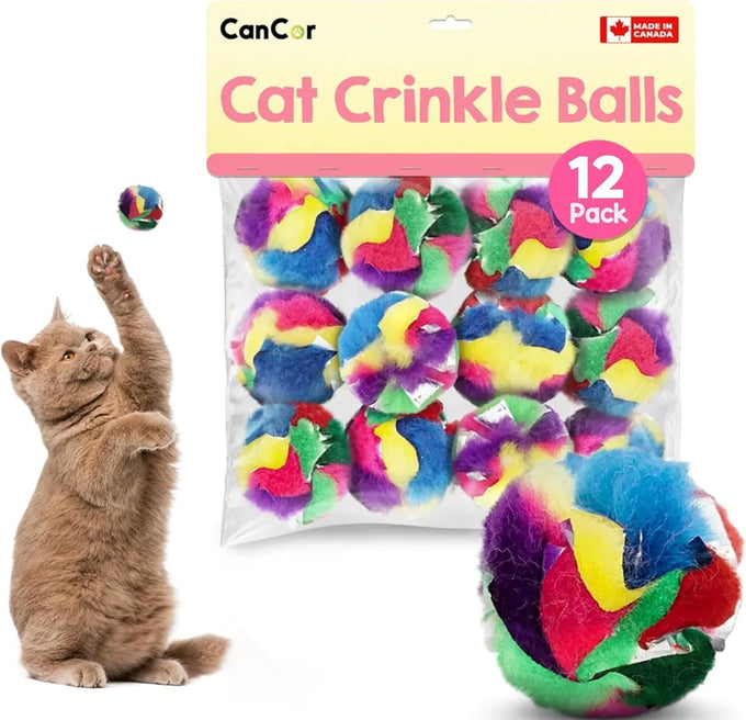 Soft Crinkle Cat Toy Balls 4 Pack - Fuzzy Pom Balls for Indoor Cats & Kittens Made in Canada