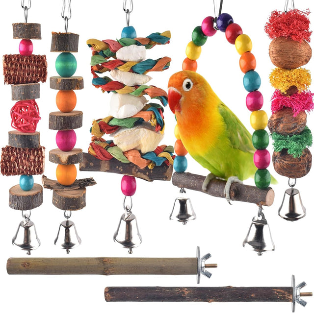 7-pack parakeet natural wood toys for small birds parrot hanging cage toy perch stand