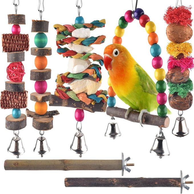 7-pack parakeet natural wood toys for small birds parrot hanging cage toy perch stand