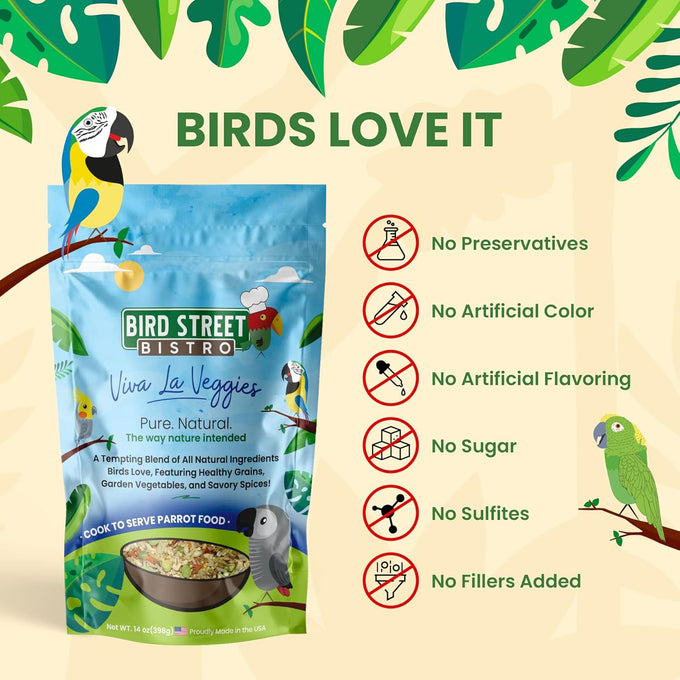 Bird Street Bistro Parrot Food - Parakeet & Cockatiel Food - 4 Natural Flavors, 3-15 Min Cooking Time, Wholesome Grains & Non-Gmo Fruits